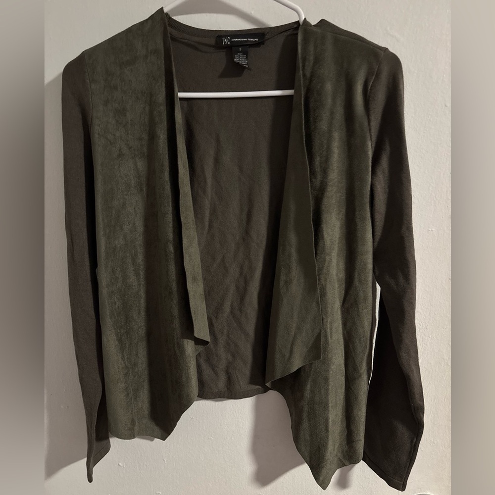 INC Womens Size Knit-Backed Faux Suede Cardigan, Draping Open Front Sweater